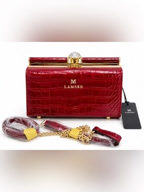 LAMSED Wine Red Croc Embossed Crystal Clasp Evening Bag Clutch NWT